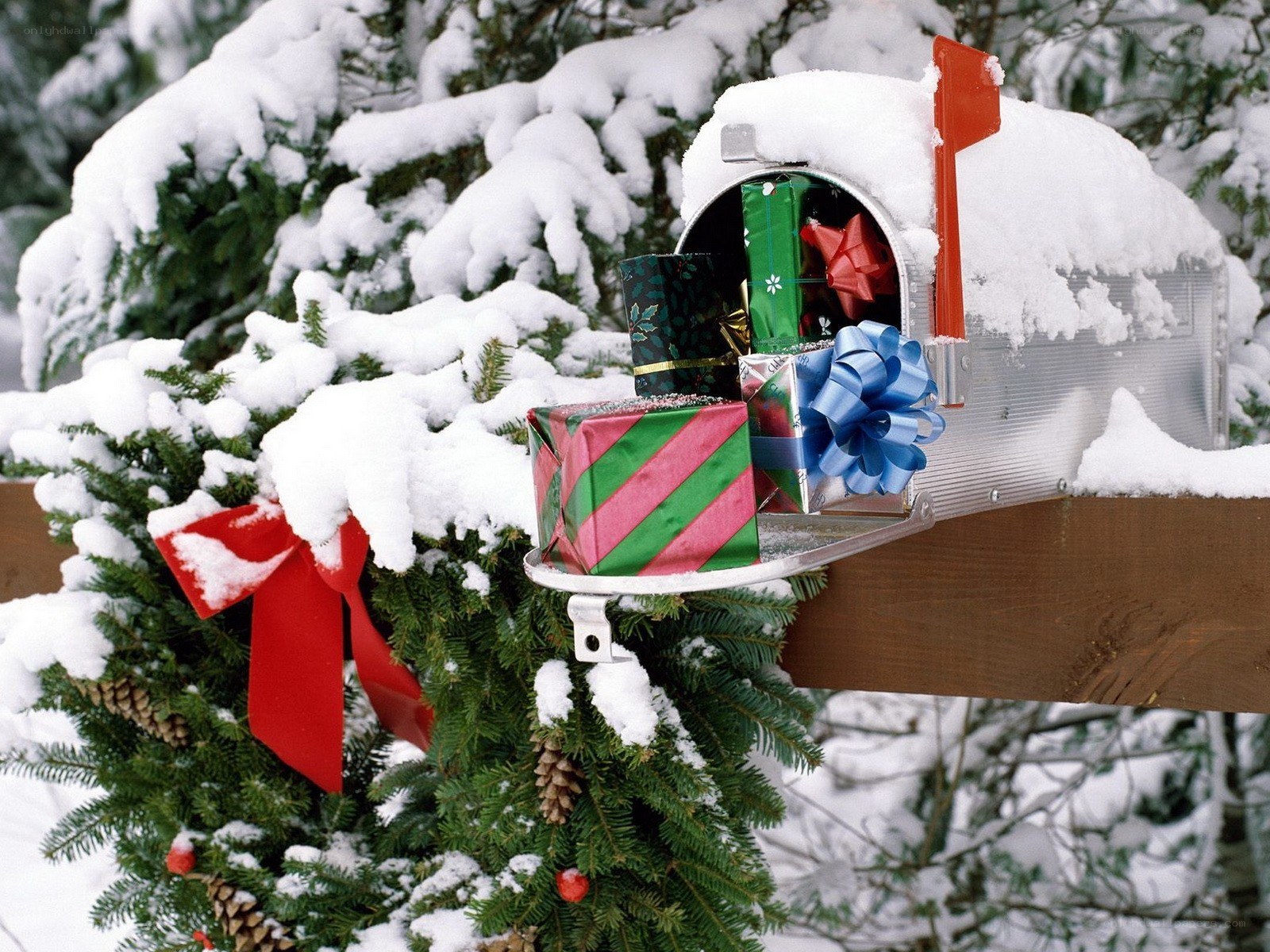 Snowy mailbox with gifts