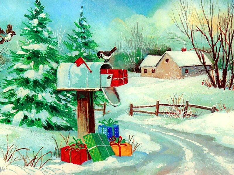 Snowy Mailbox with Gifts — Green