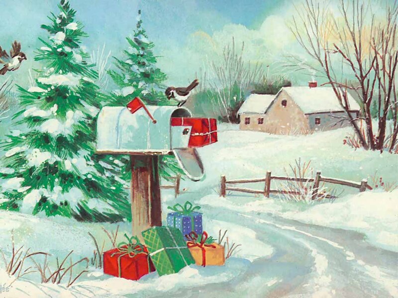 Snowy Mailbox with Gifts — White