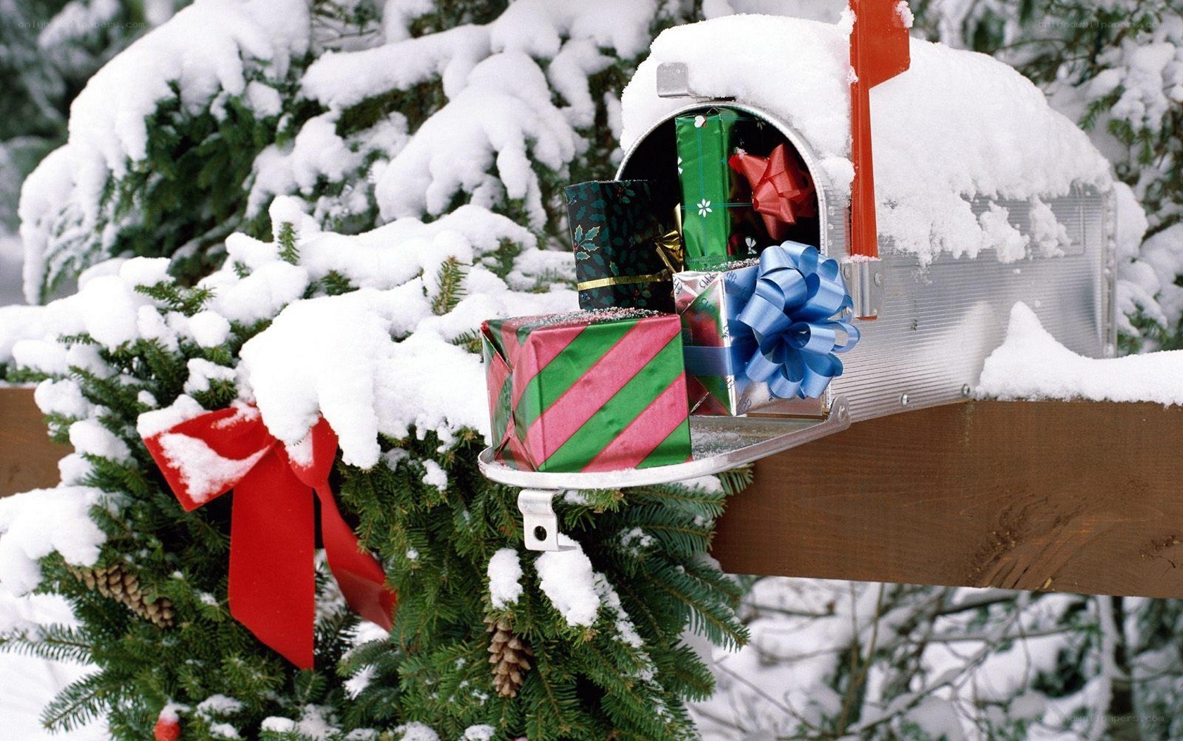 Snowy mailbox with gifts