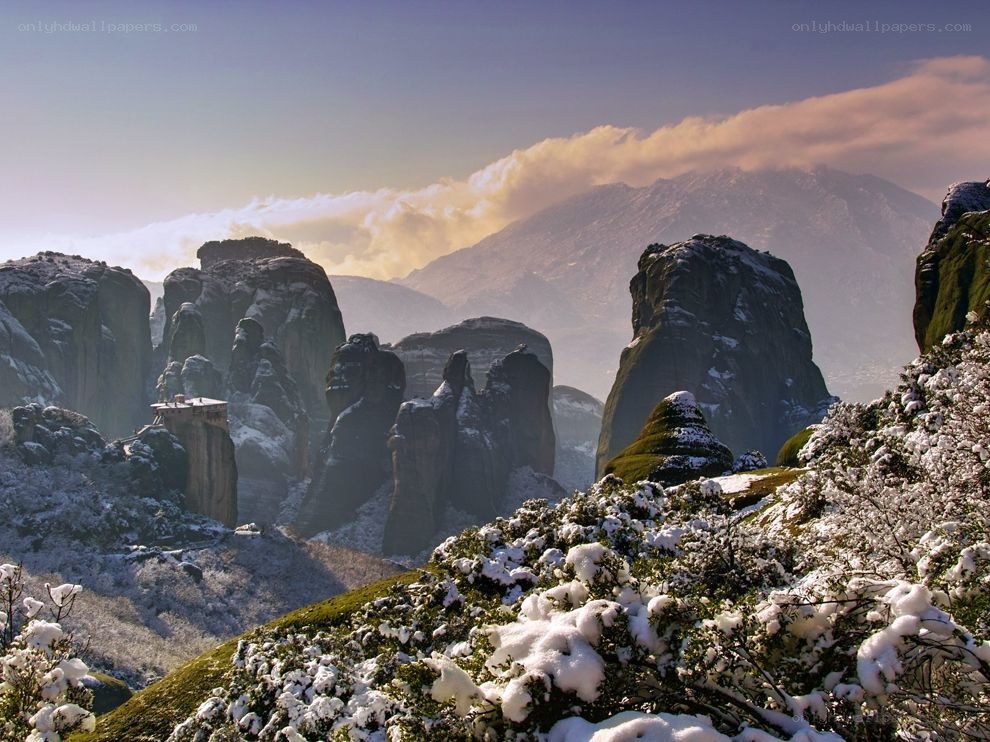 Snowy Meteora rock formations