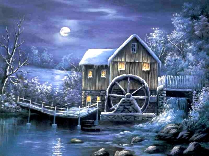 Snowy Mill at Night