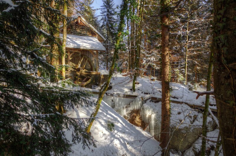 Snowy mill in forest