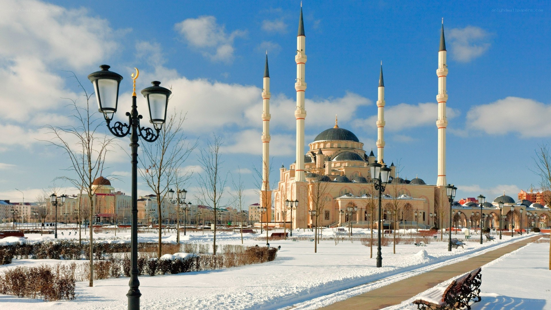 Snowy mosque with minarets