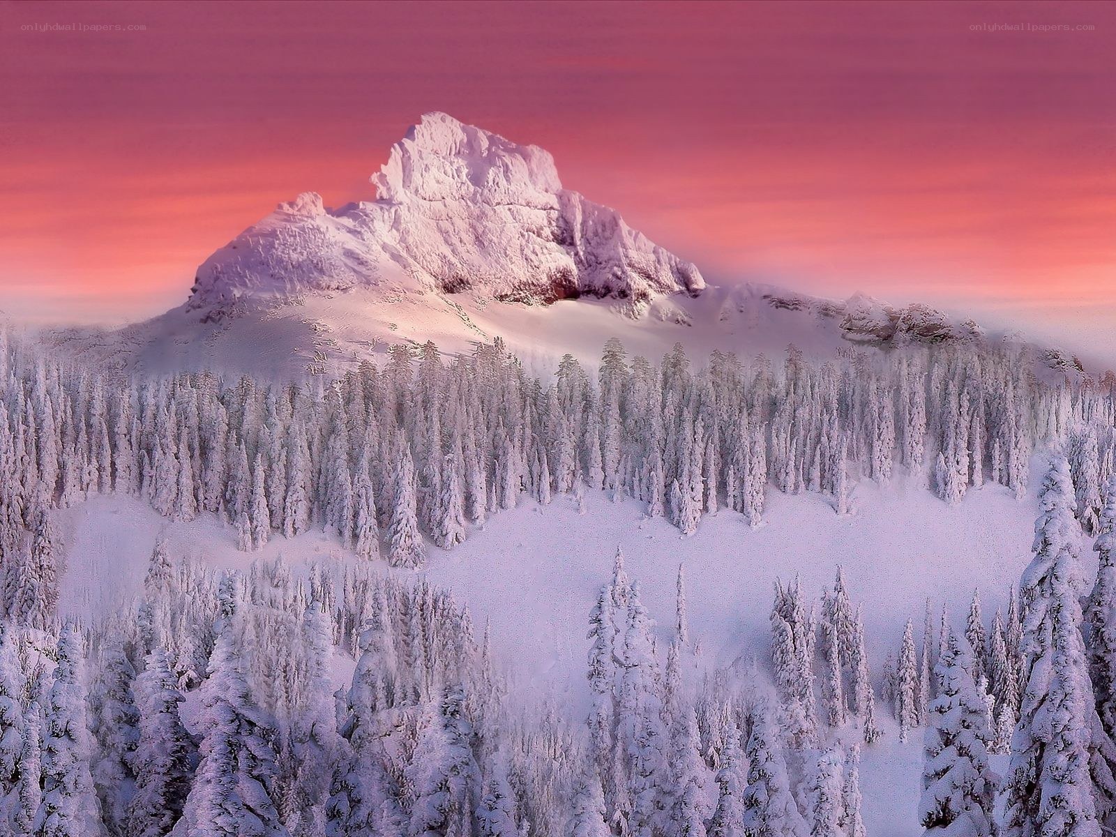 Snowy mountain at sunset