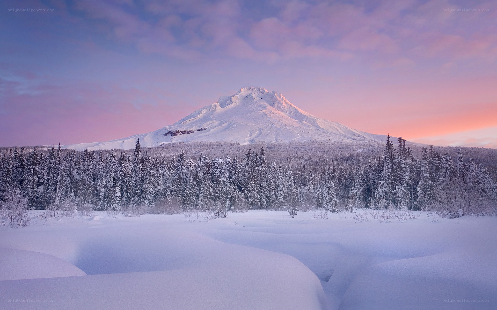 Snowy mountain at sunset