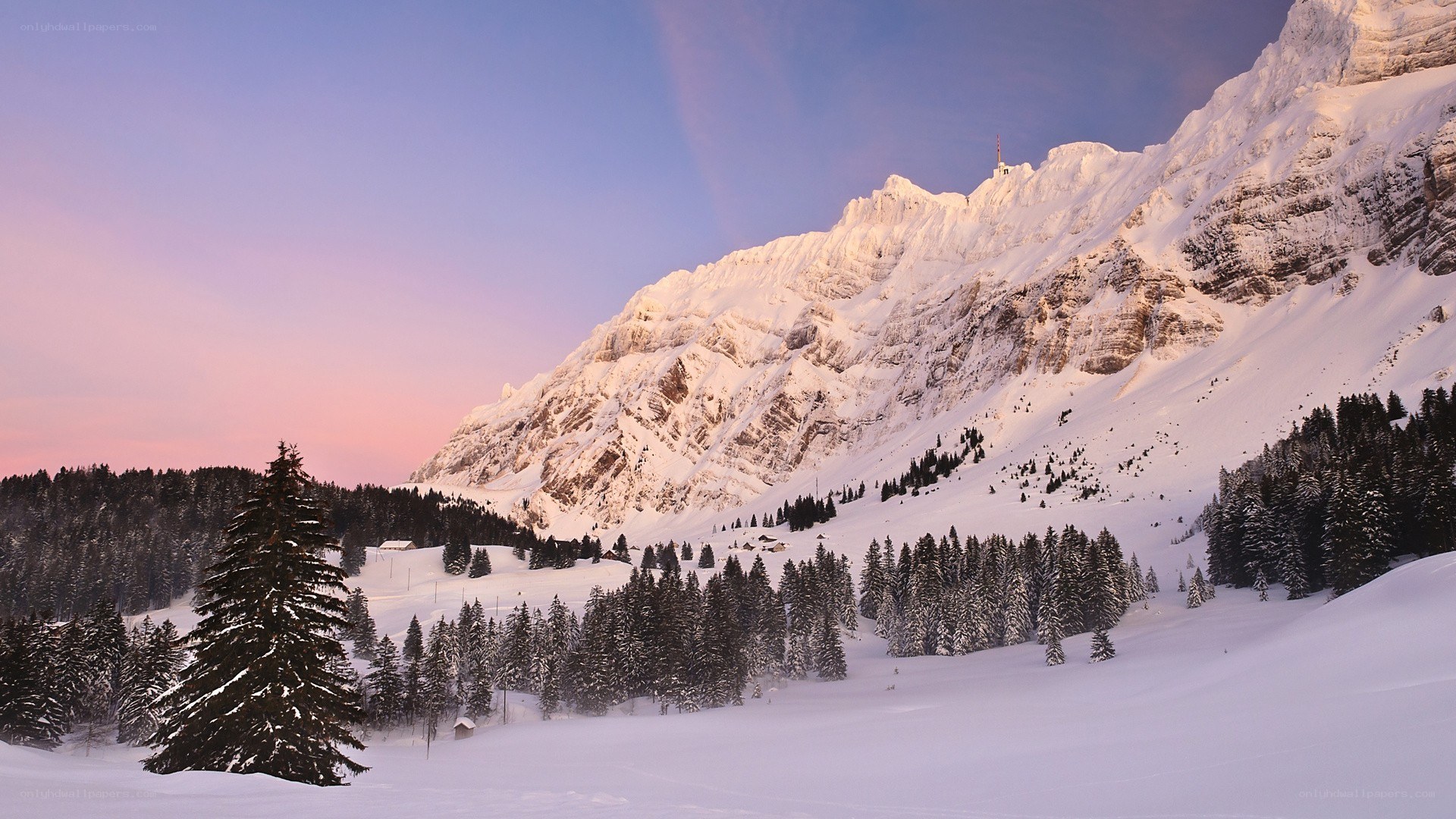 Snowy mountain at sunset