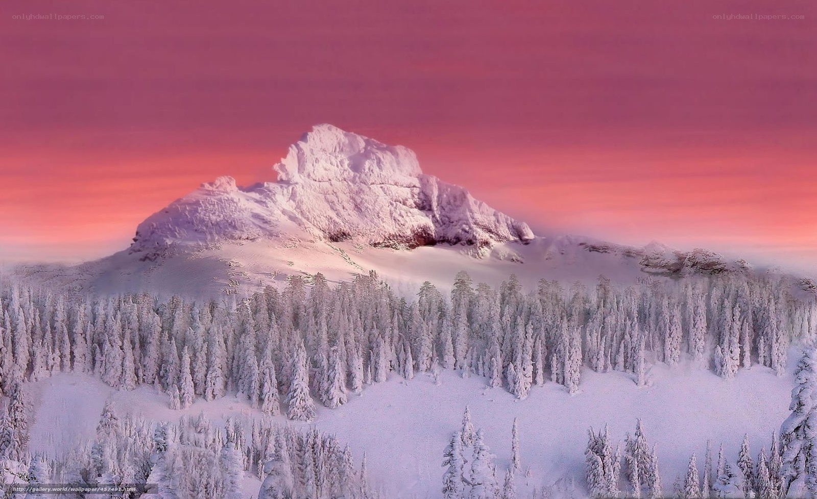 Snowy mountain at sunset