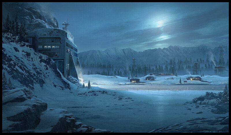 snowy mountain base at night
