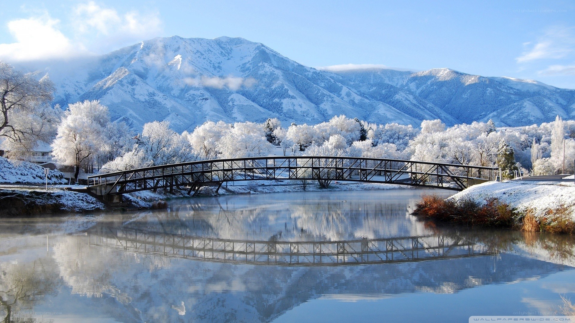 Snowy mountain bridge landscape