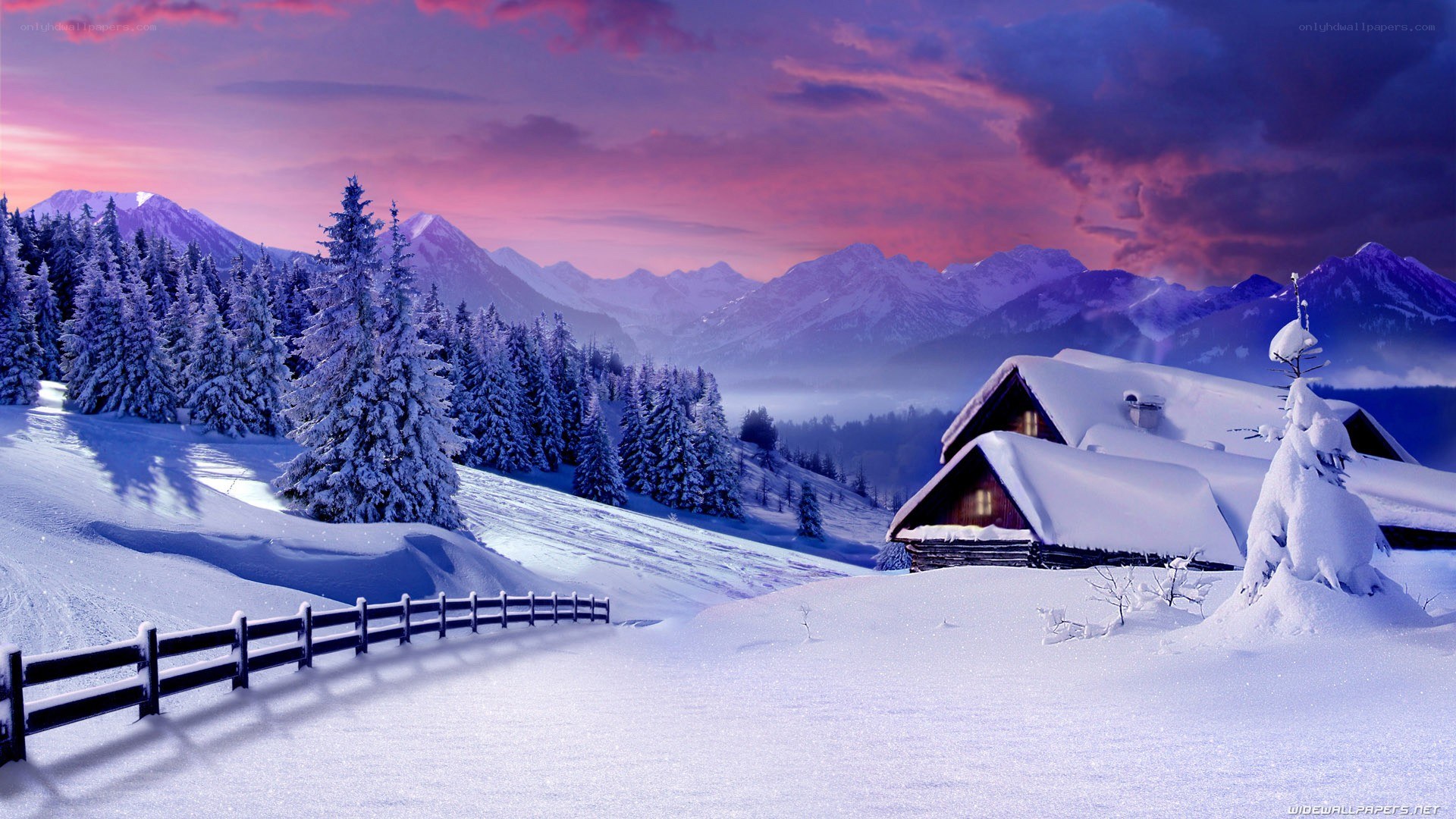Snowy mountain cabin at sunset