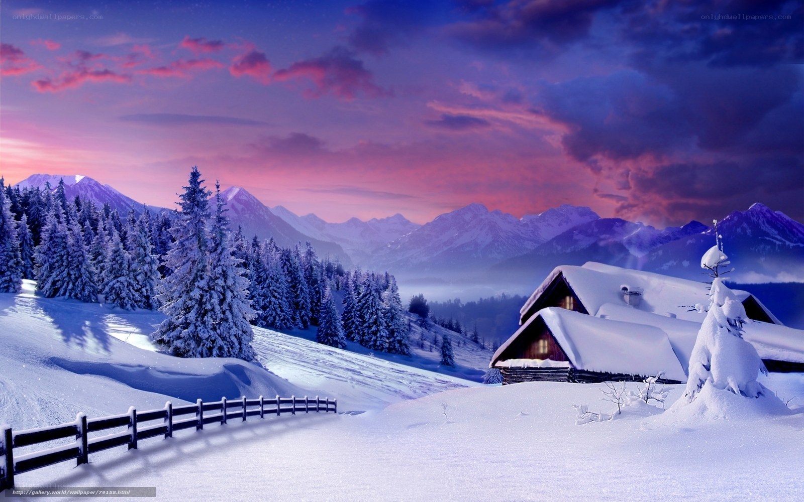 Snowy mountain cabin at sunset