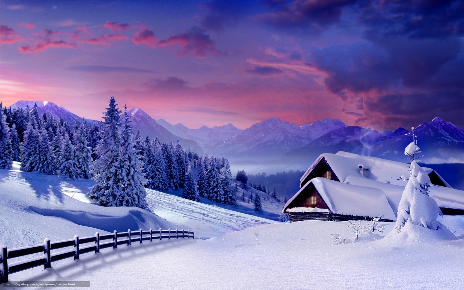 Snowy mountain cabin at sunset
