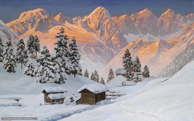 Snowy mountain cabin scene