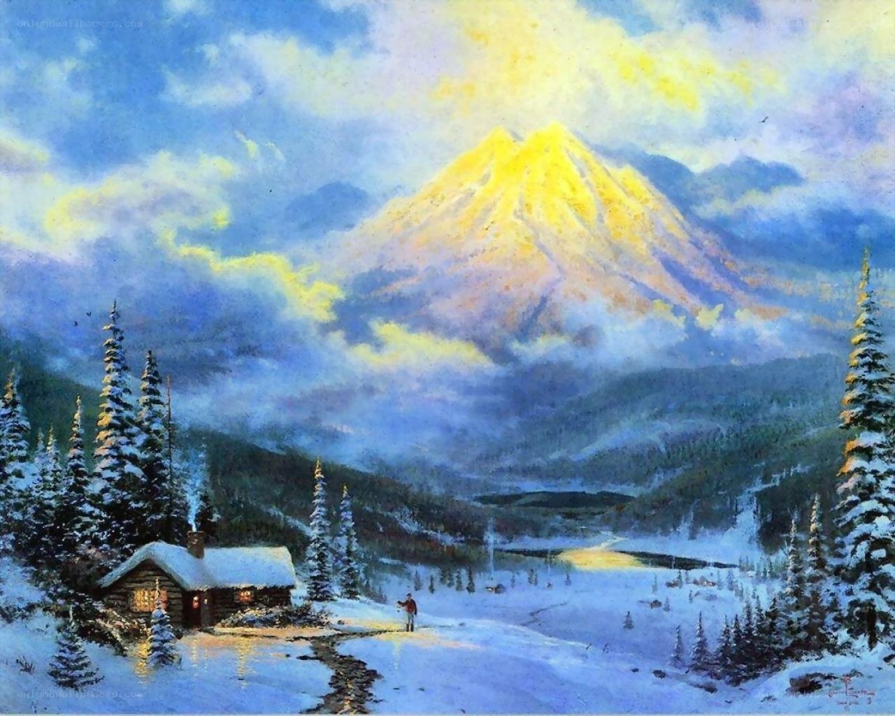 Snowy Mountain Cabin Scene