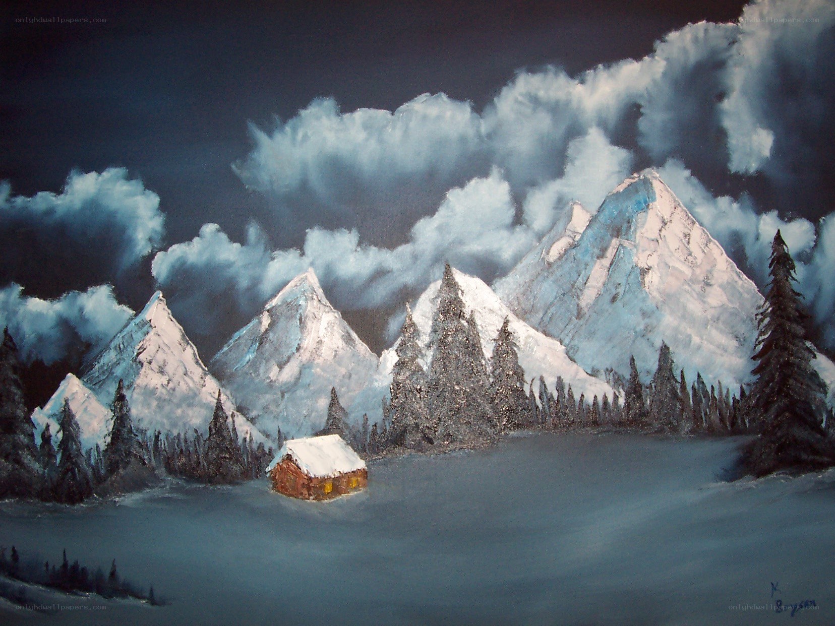 Snowy mountain cabin scene