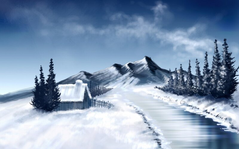 Snowy mountain cabin scene