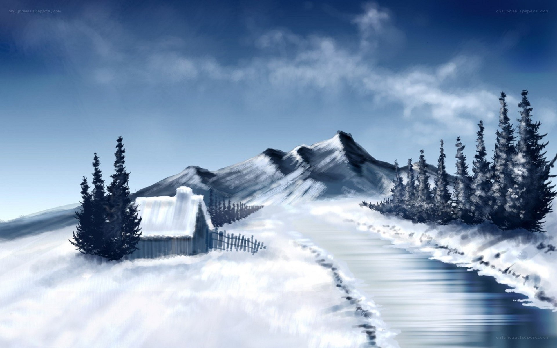 Snowy mountain cabin scene