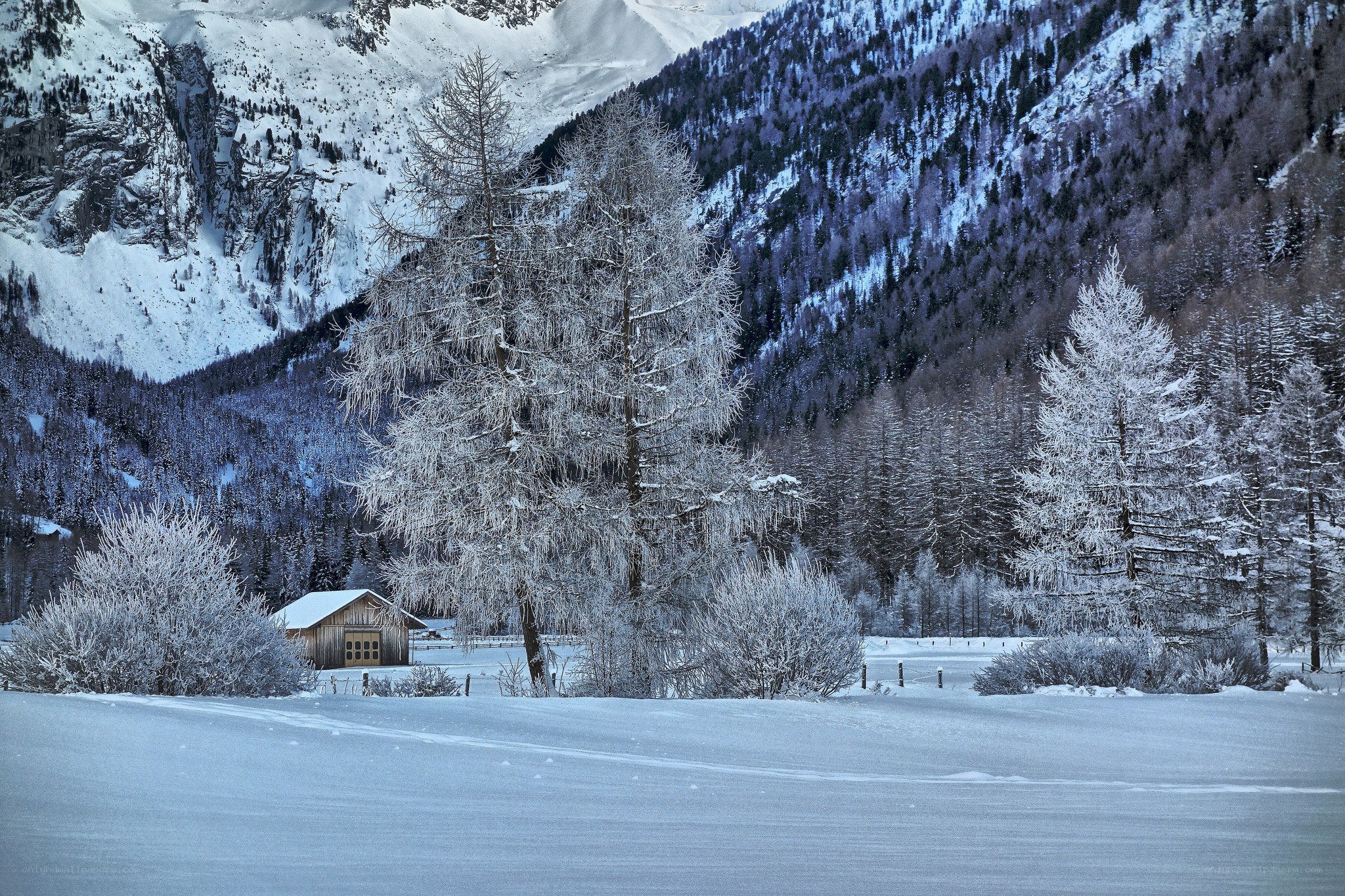 Snowy mountain cabin scene