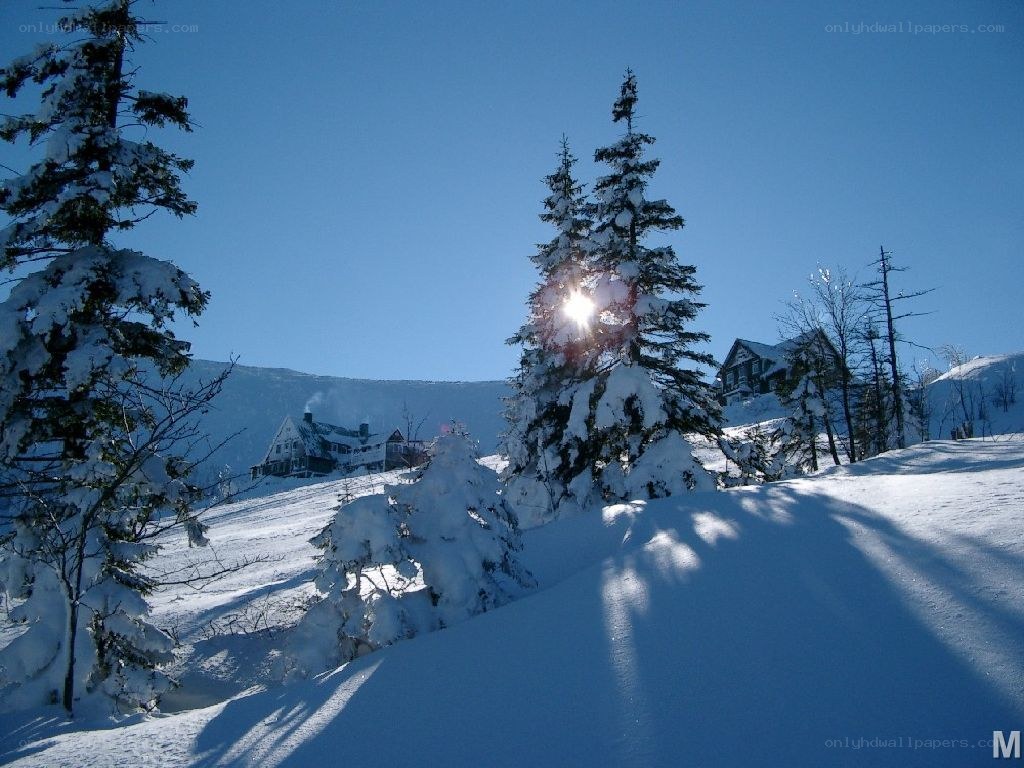 Snowy mountain cabin scene