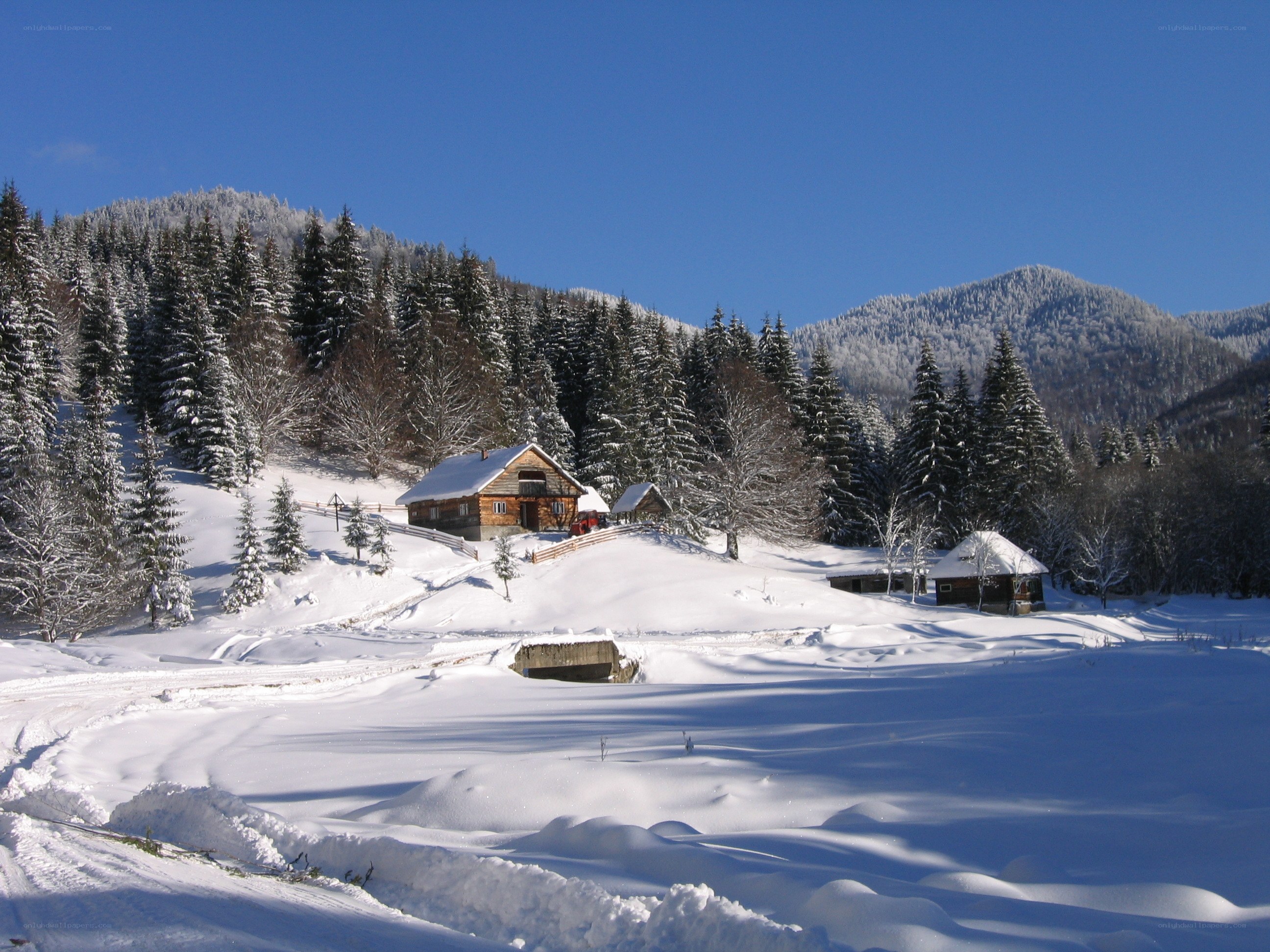 Snowy mountain cabin scene