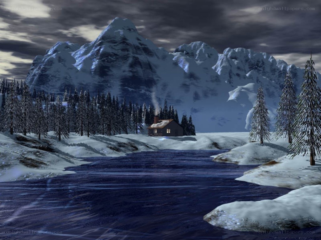 Snowy mountain cabin scene