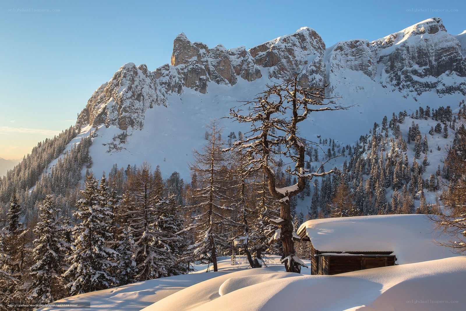 Snowy mountain cabin scene