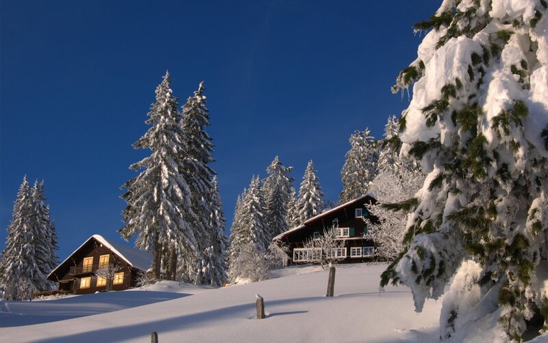 Snowy mountain chalets