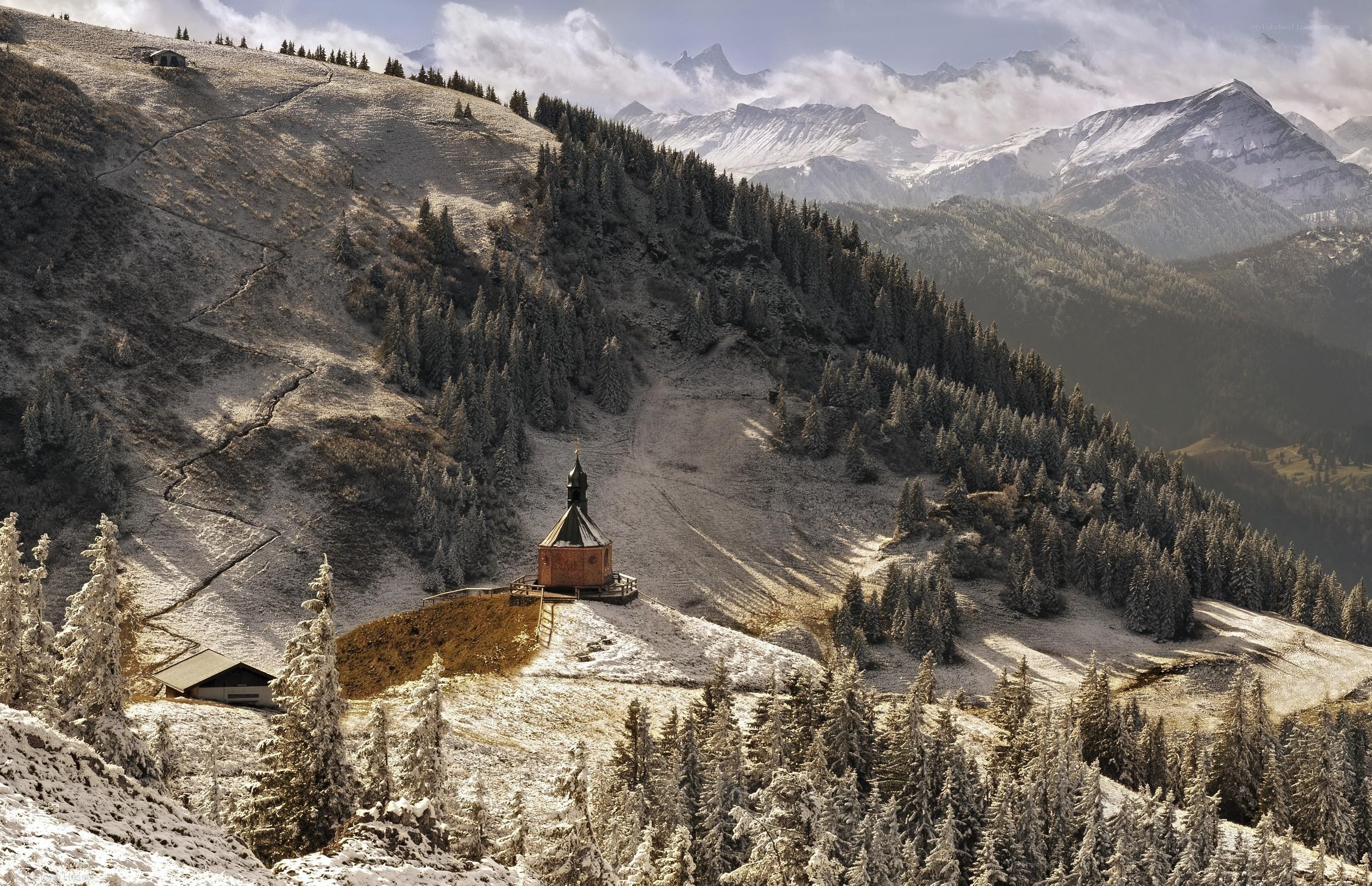 Snowy mountain chapel