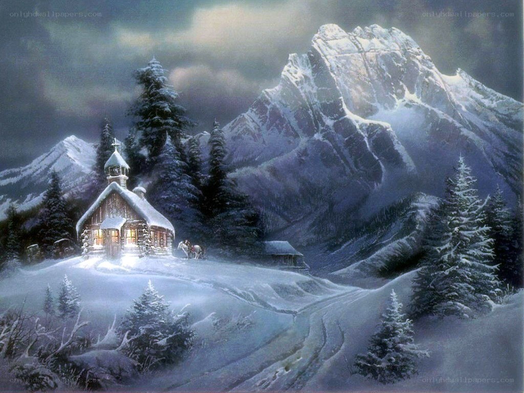 Snowy mountain chapel scene