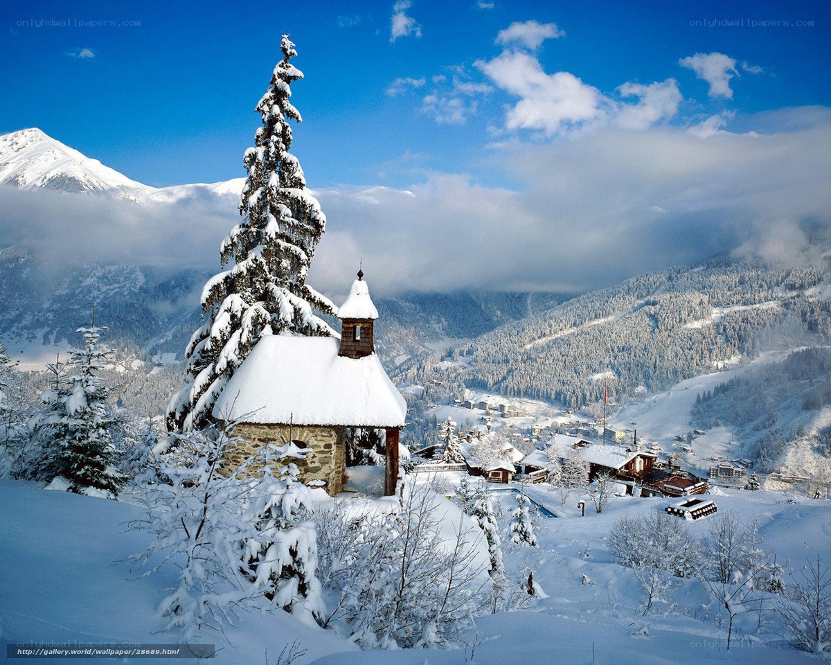Snowy mountain chapel scene