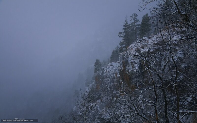 Snowy mountain cliff in fog