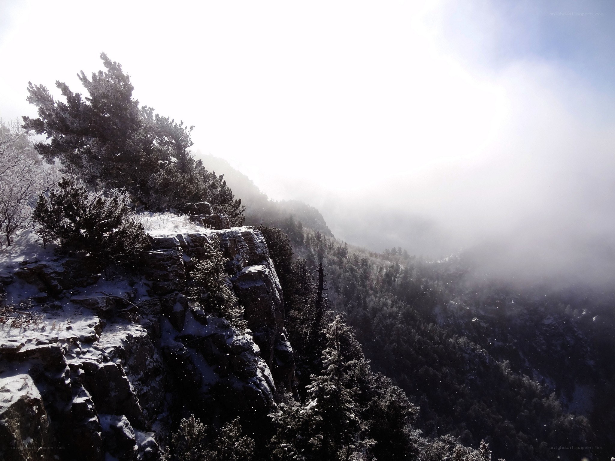 Snowy mountain cliff with fog