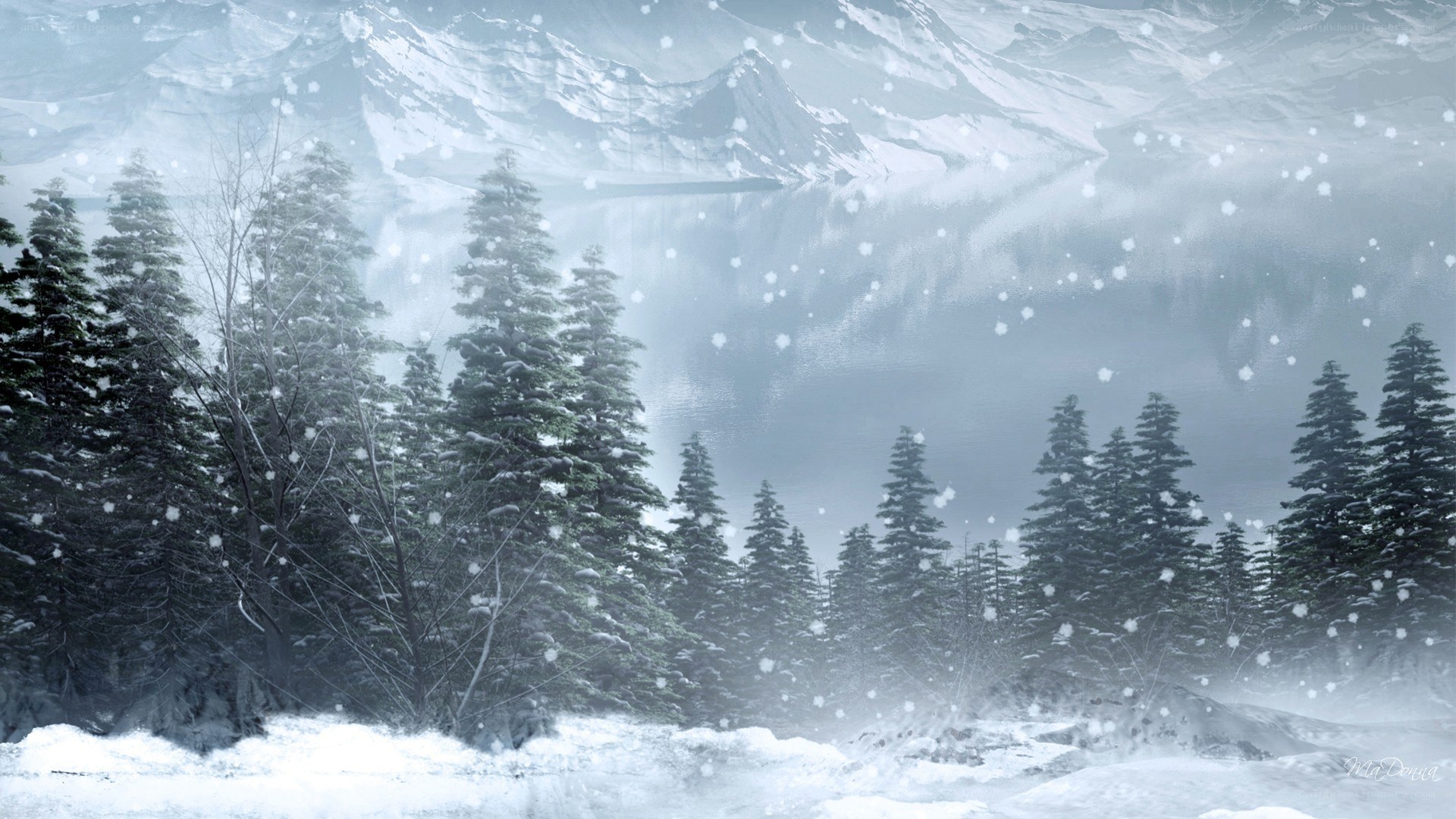 Snowy mountain forest scene