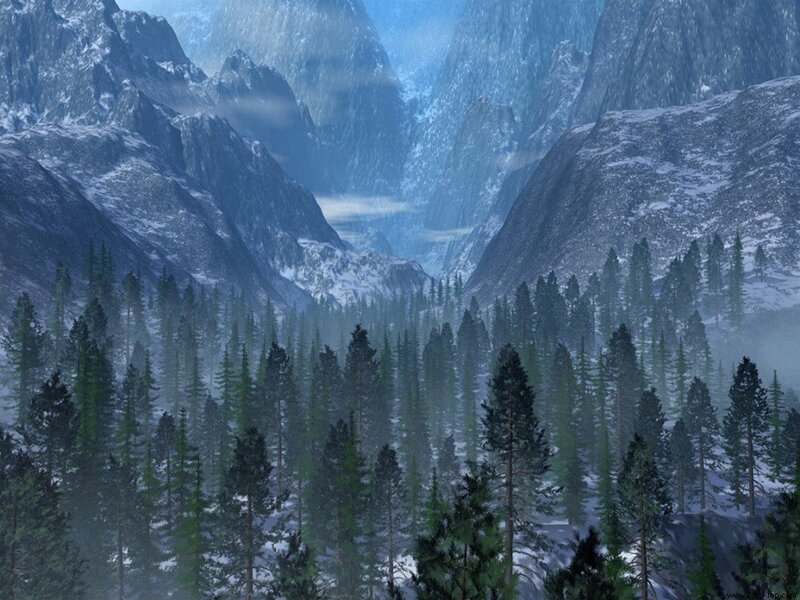 snowy mountain forest valley