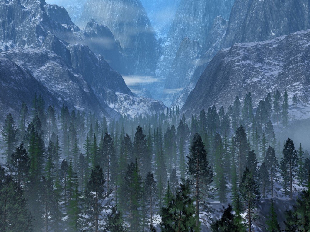 snowy mountain forest valley