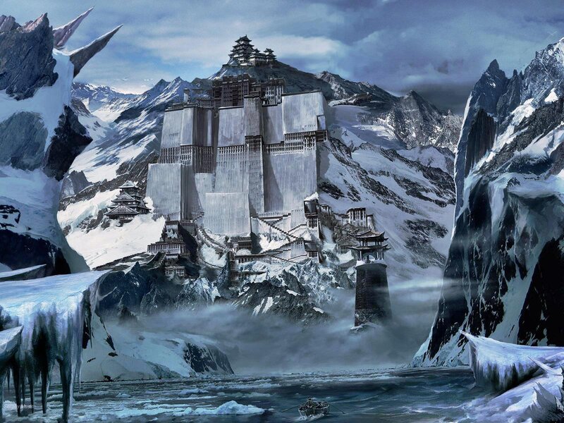 Snowy Mountain Fortress — White, Dramatic, Winter, Digital Art, Mountains, River, Boat