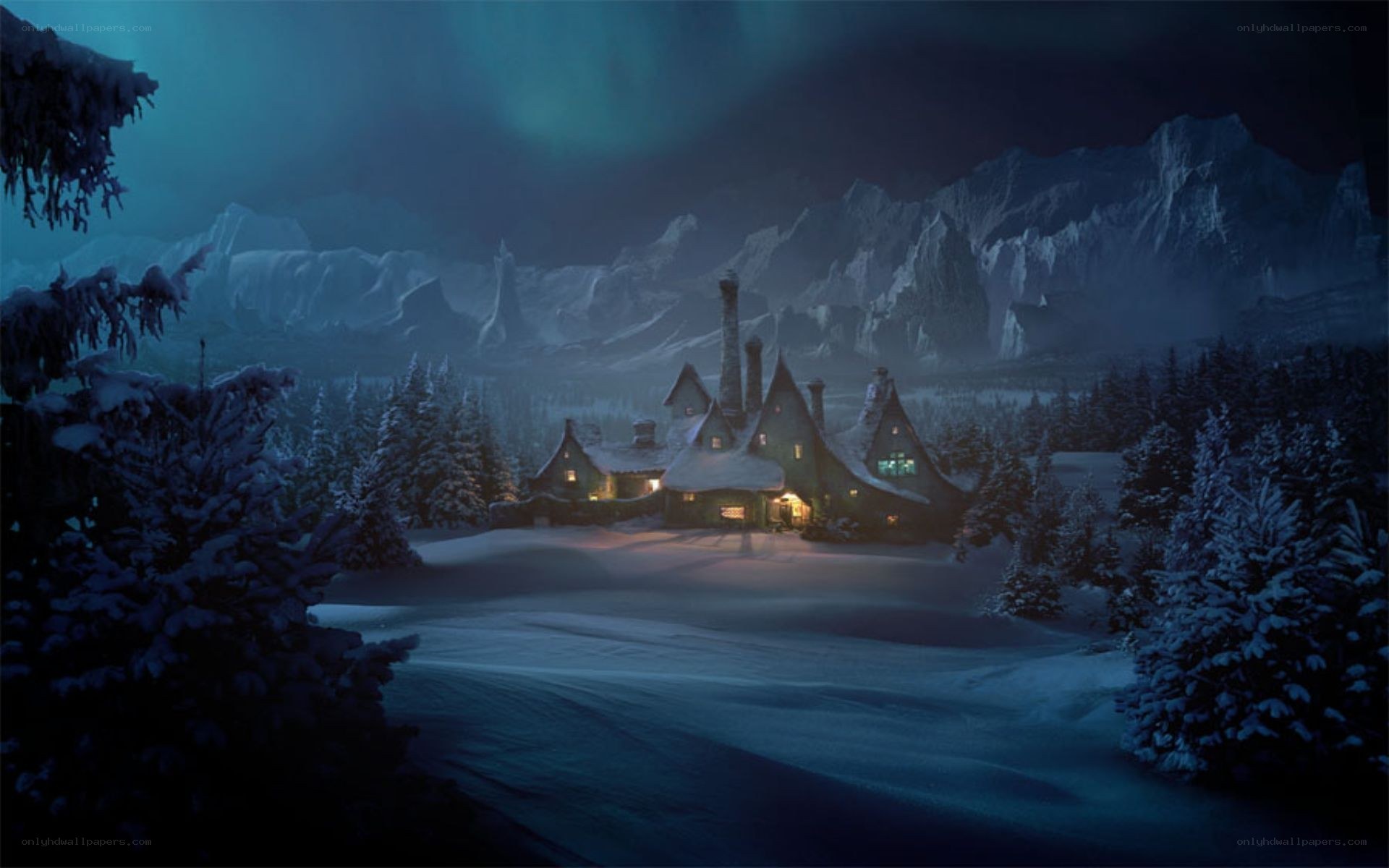 Snowy mountain inn at night