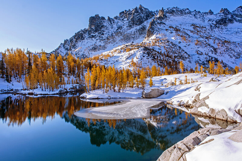Snowy Mountain Lake — Blue, Serene, Autumn