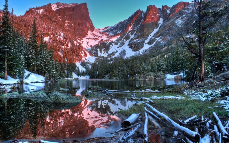 Snowy Mountain Lake — Blue, Serene, Sunset, Photograph