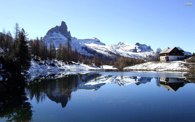 Snowy Mountain Lake — Blue, Serene, Winter, Photograph, Cabin