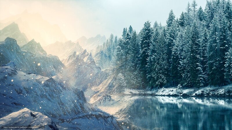 Snowy mountain lake landscape