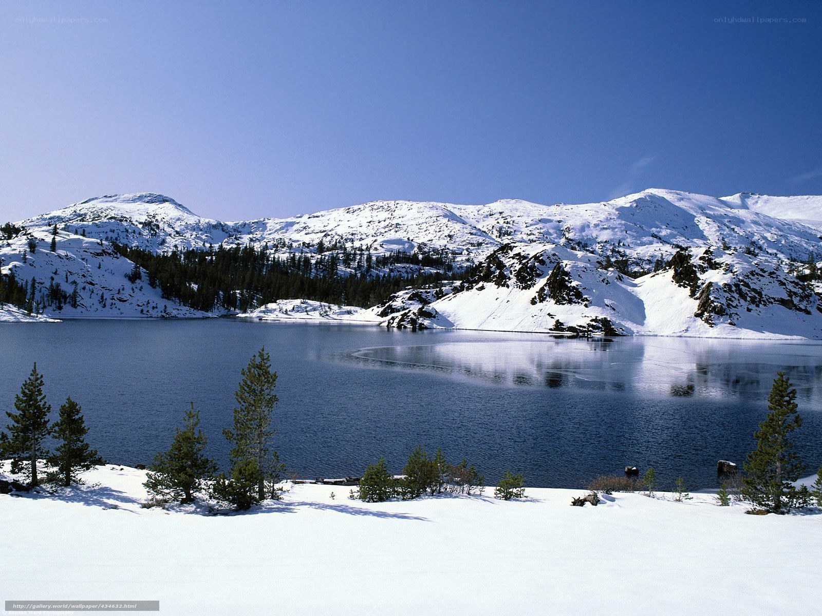 Snowy mountain lake landscape