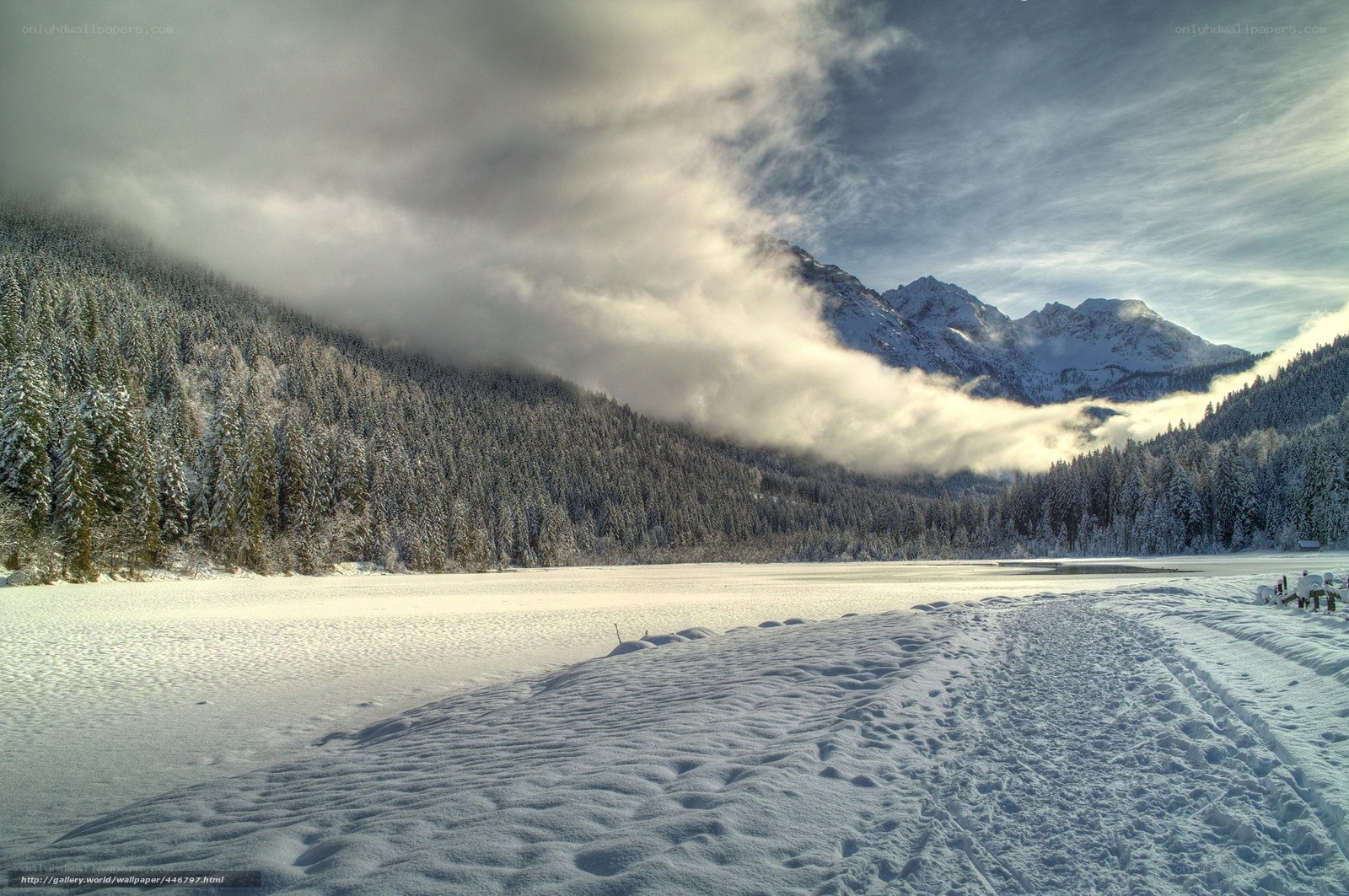 Snowy mountain lake landscape