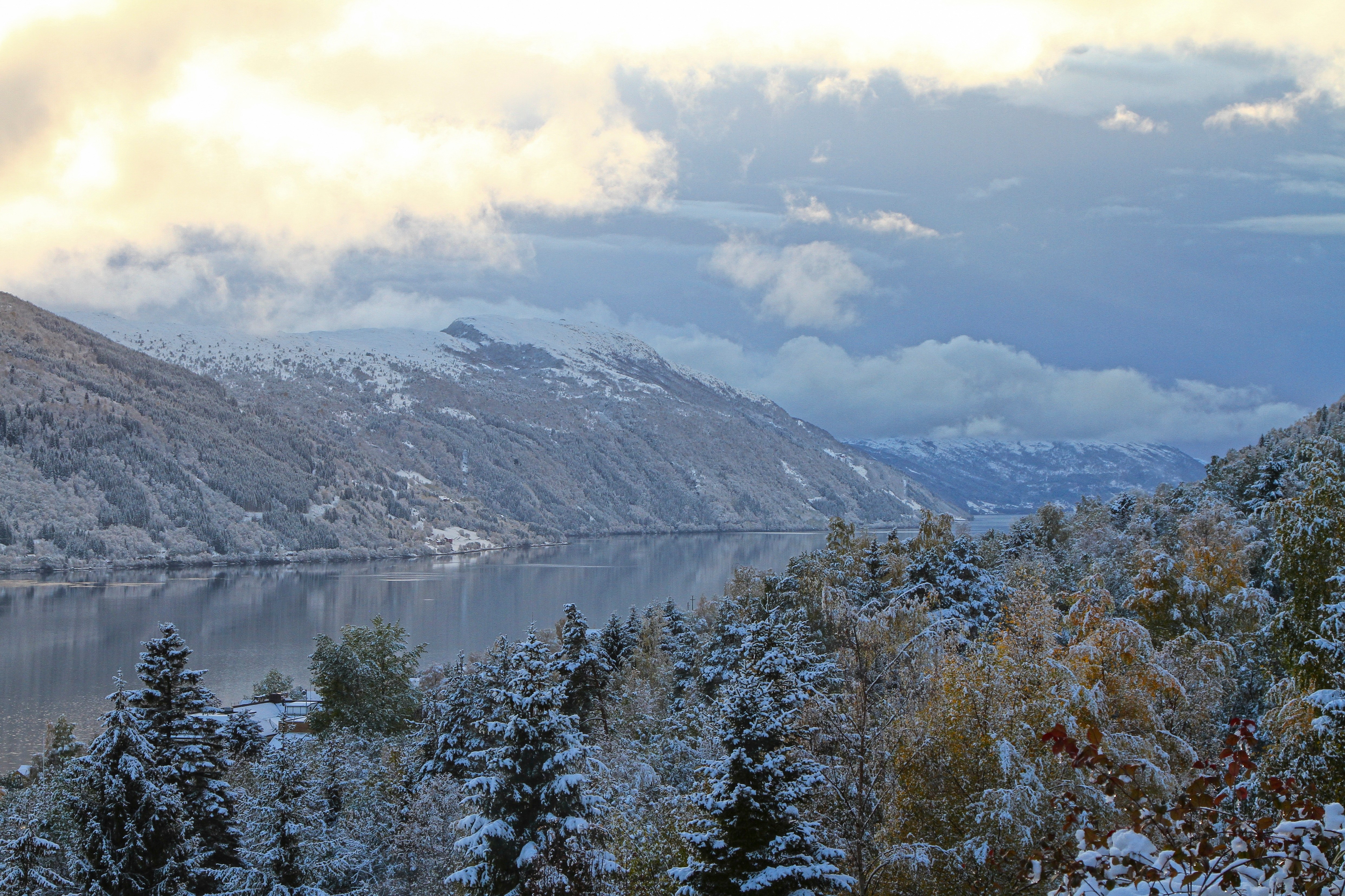 Snowy mountain lake landscape