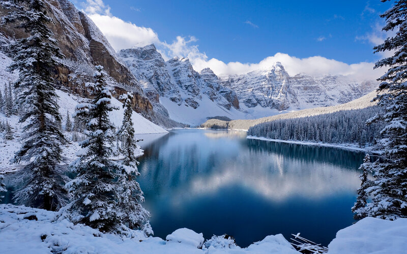 Snowy mountain lake landscape