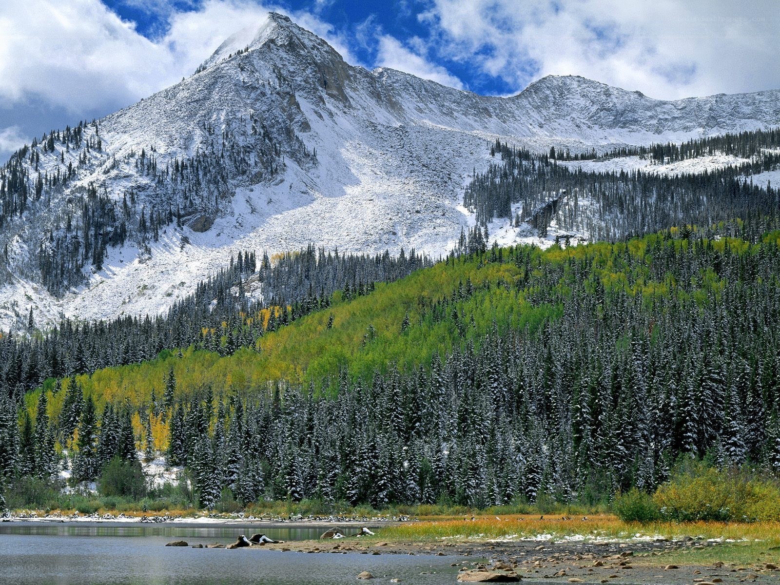 Snowy mountain lake landscape
