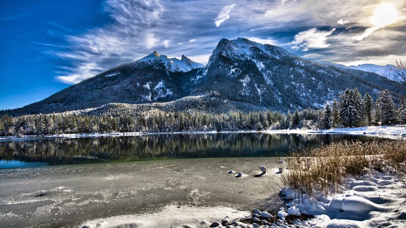Snowy mountain lake landscape