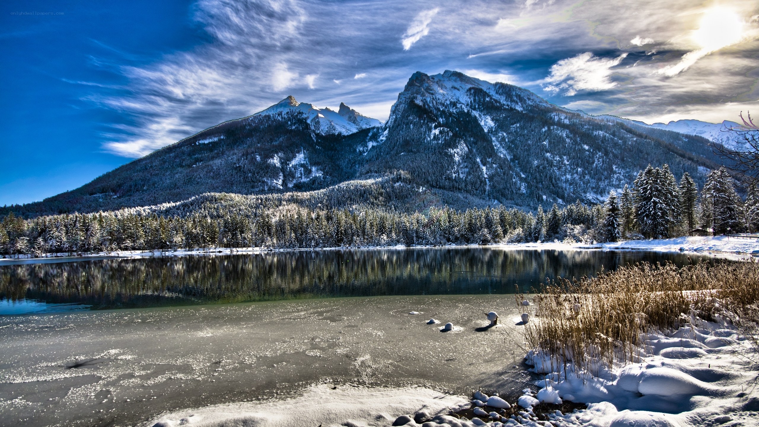 Snowy mountain lake landscape