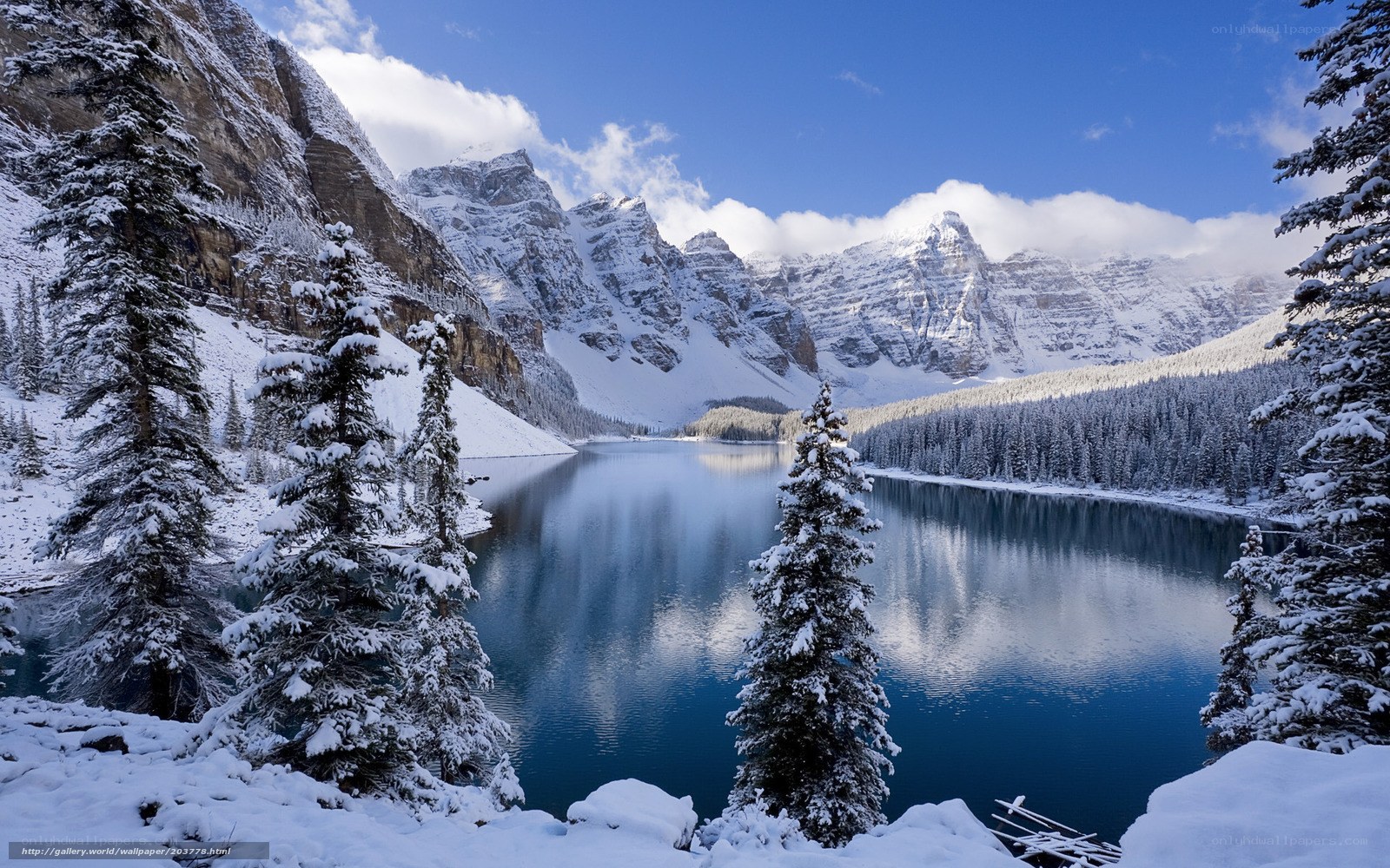 Snowy mountain lake landscape